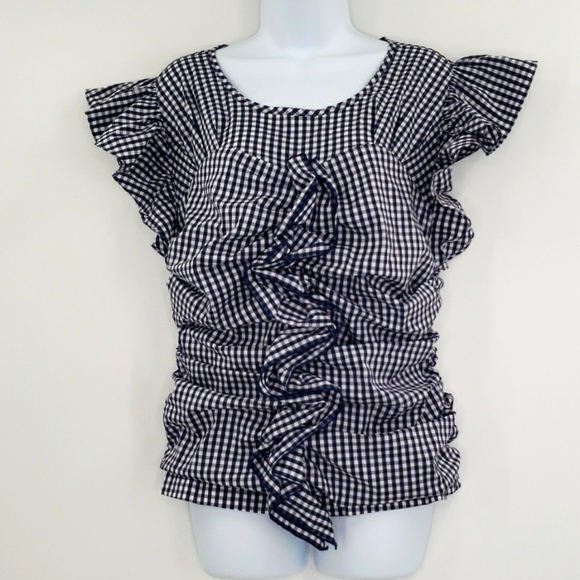 Chelsea 28 Gingham Ruched Poplin Top in Navy/white - Picture 3 of 8